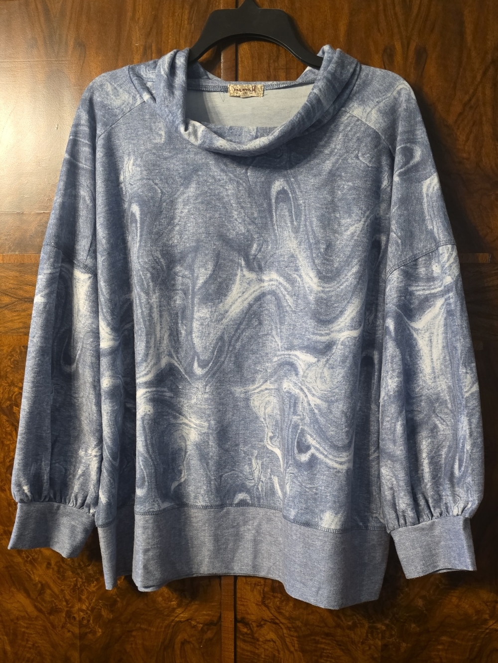 ONE WORLD Blue Marble-Print Cowl Neck Sweater 1x